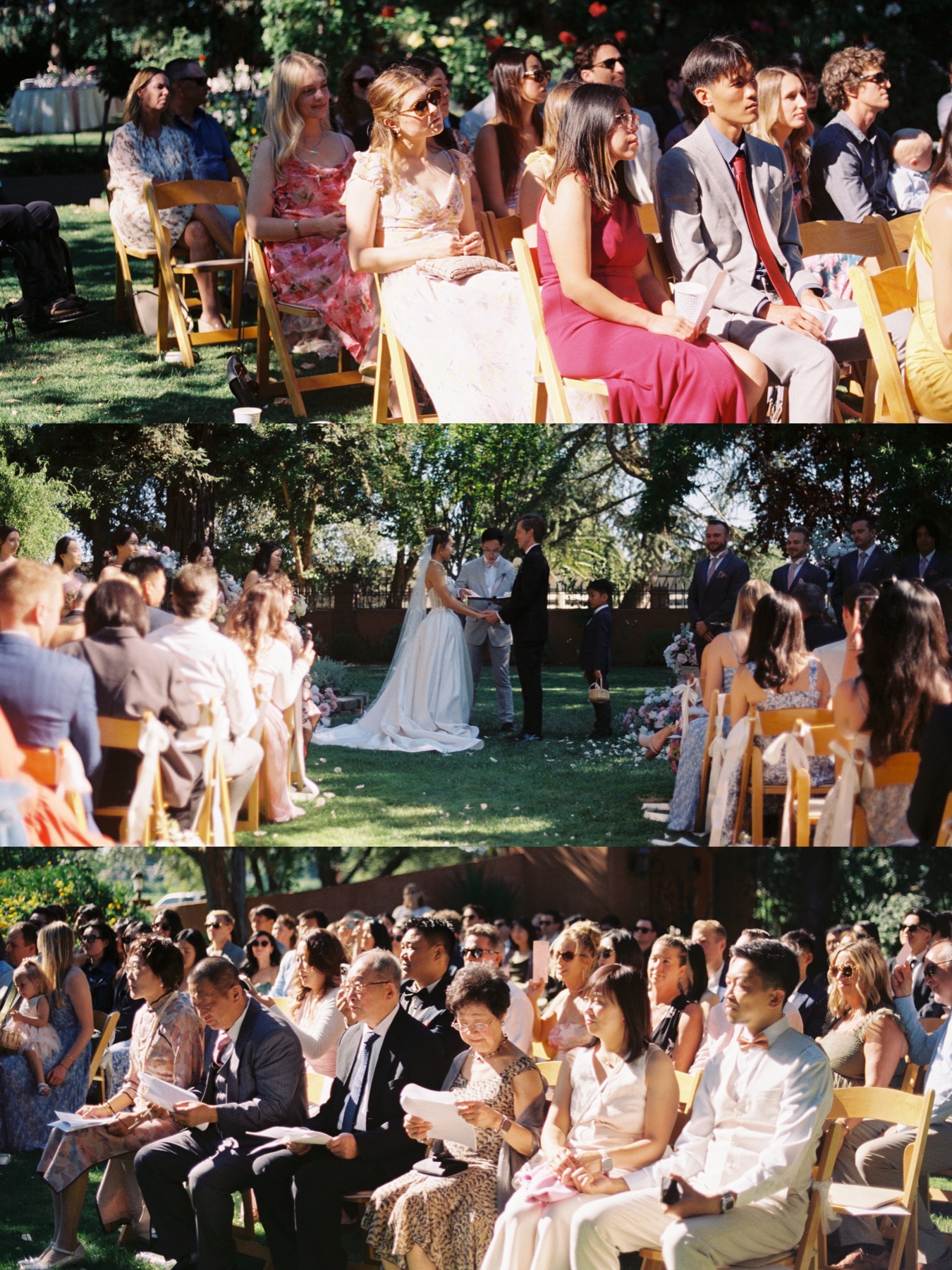 Three consecutive views of guests and a couple during an outdoor California wedding ceremony