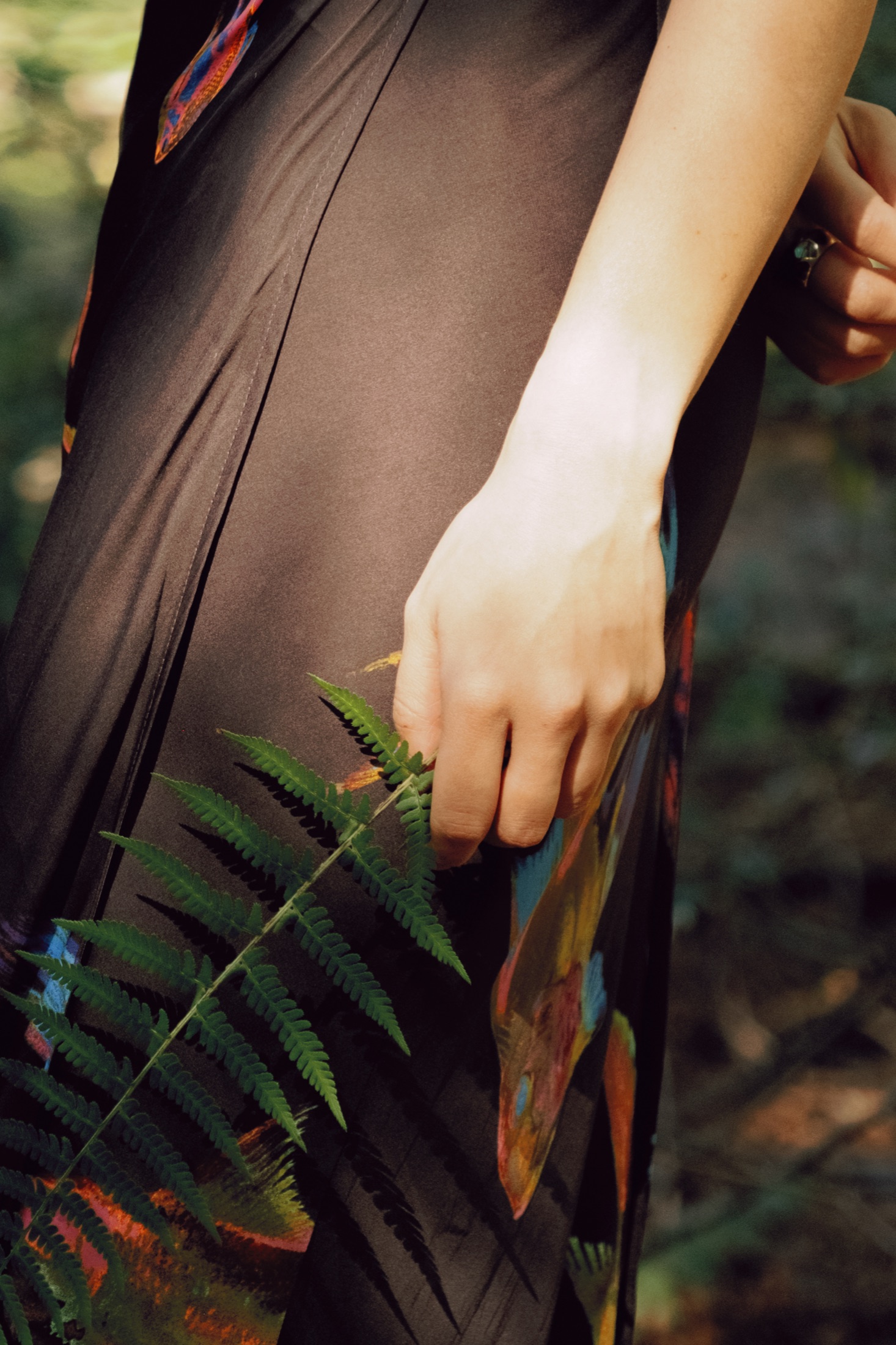 A close portrait framed by ferns and soft woodland light