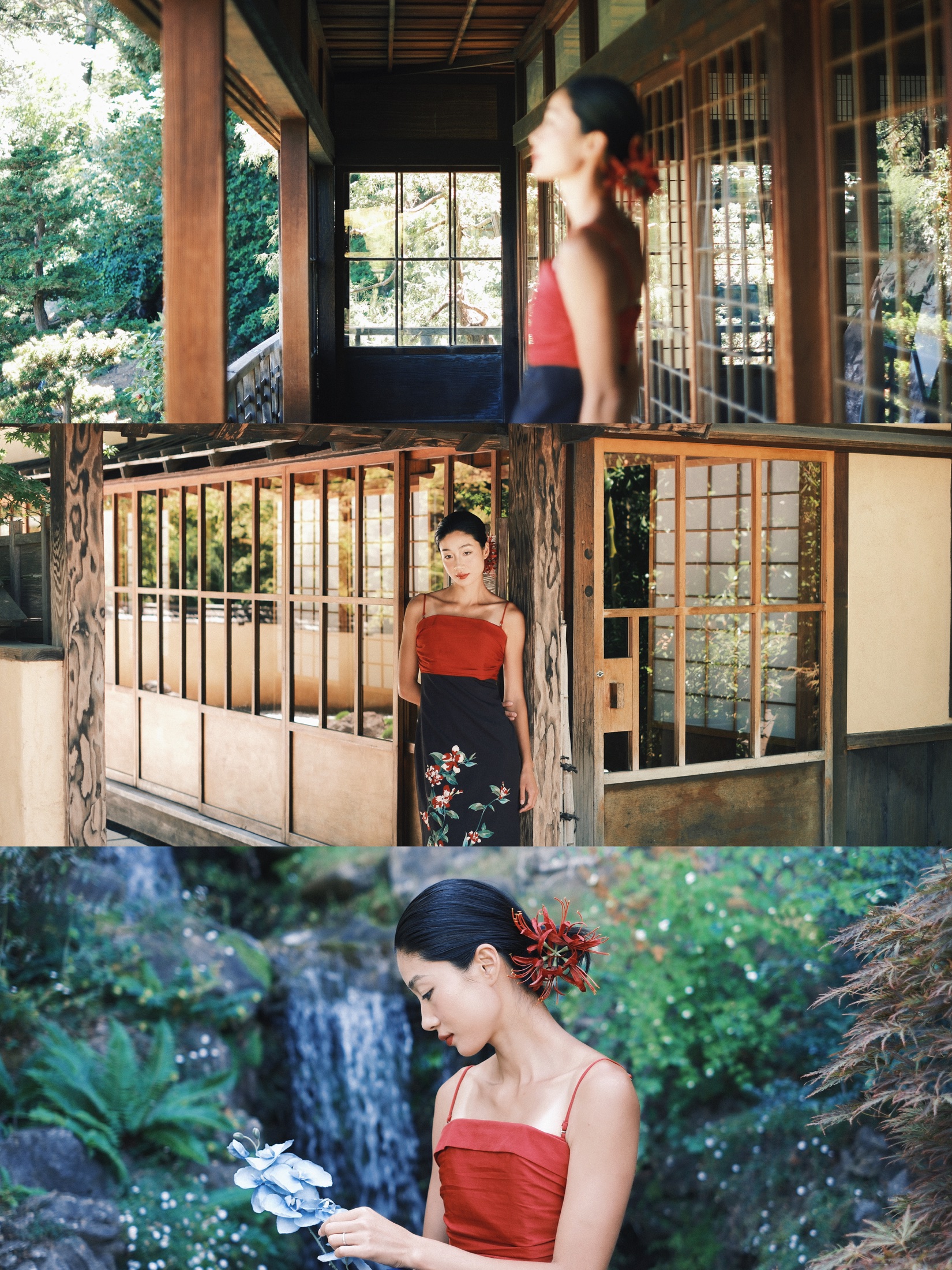 A three-frame portrait study in red and black