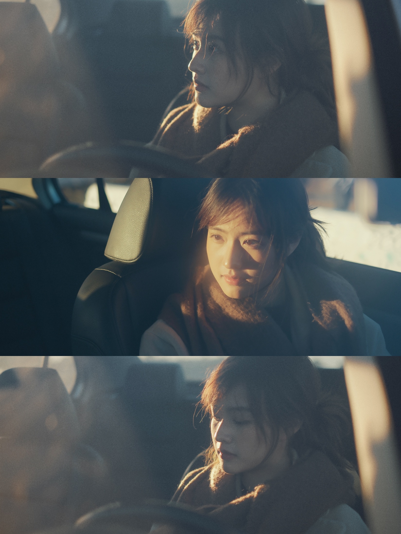 A vertical three-frame car portrait in soft golden light