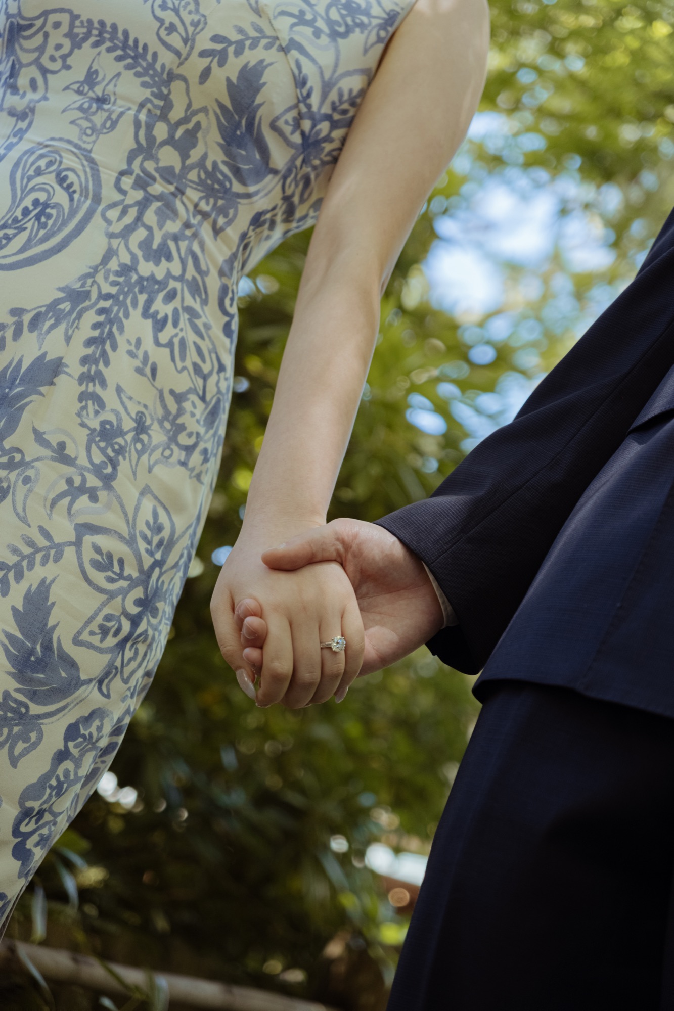 A close view of the couple holding hands